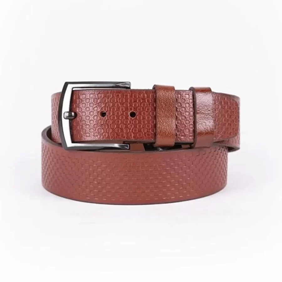 Cognac Mens Belt For Jeans Wide Check Emboss Leather ST01266 4