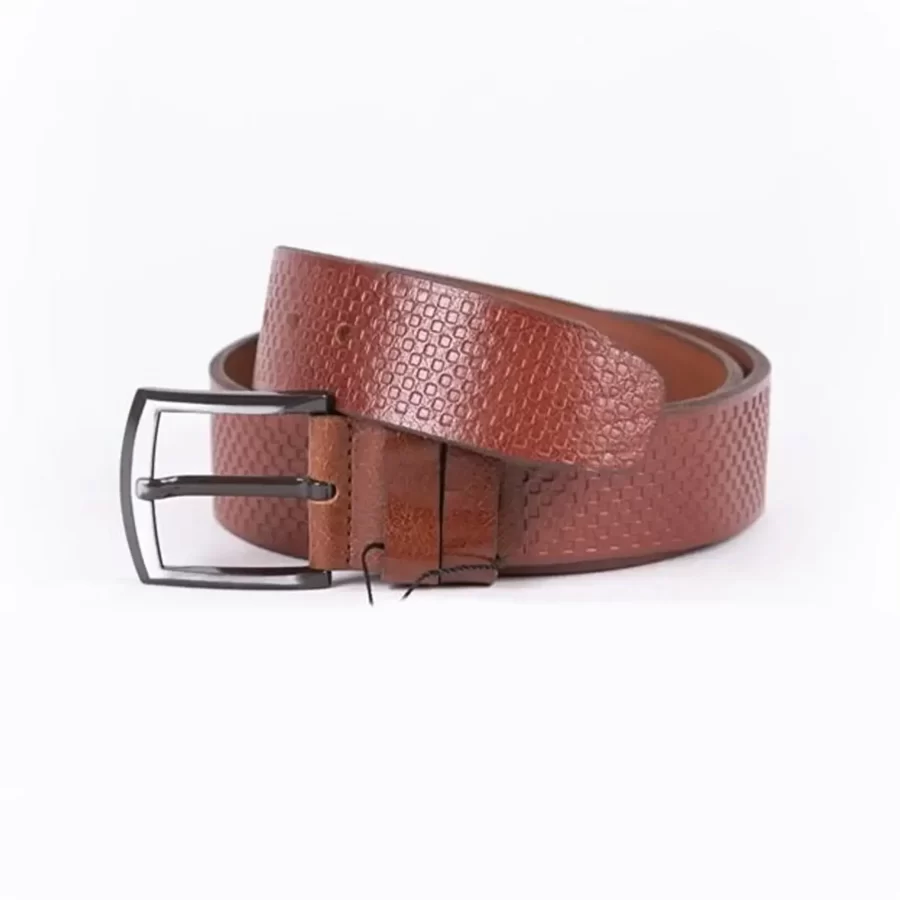 Cognac Mens Belt For Jeans Wide Check Emboss Leather ST01266 5