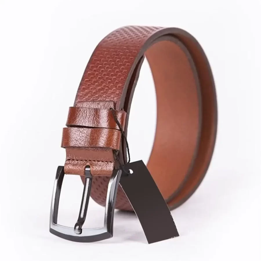 Cognac Mens Belt For Jeans Wide Check Emboss Leather ST01266 6