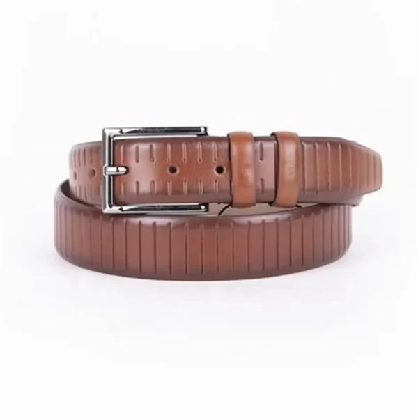 Cognac Tan Mens Belt Dress Line Embossed Calfskin ST01484 1