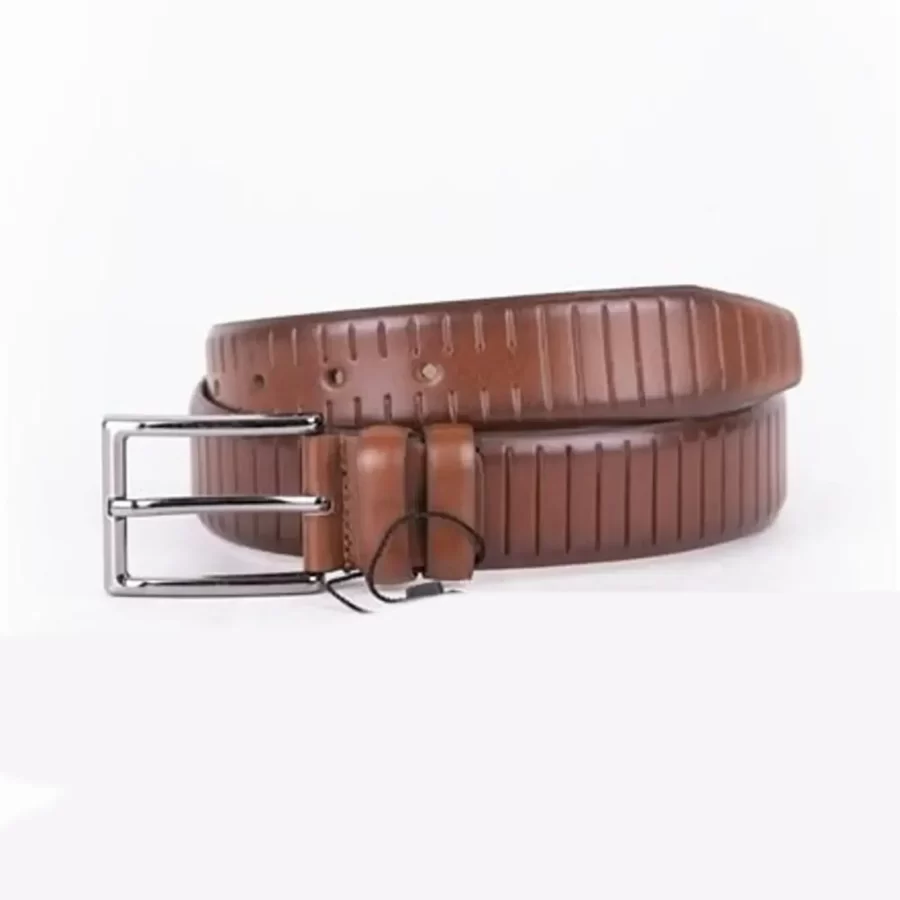 Cognac Tan Mens Belt Dress Line Embossed Calfskin ST01484 2