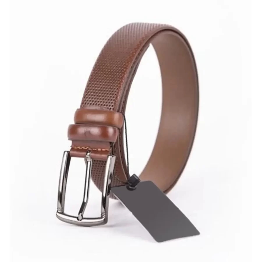 Cognac Tan Mens Belt Dress Perforated Leather ST01428 12