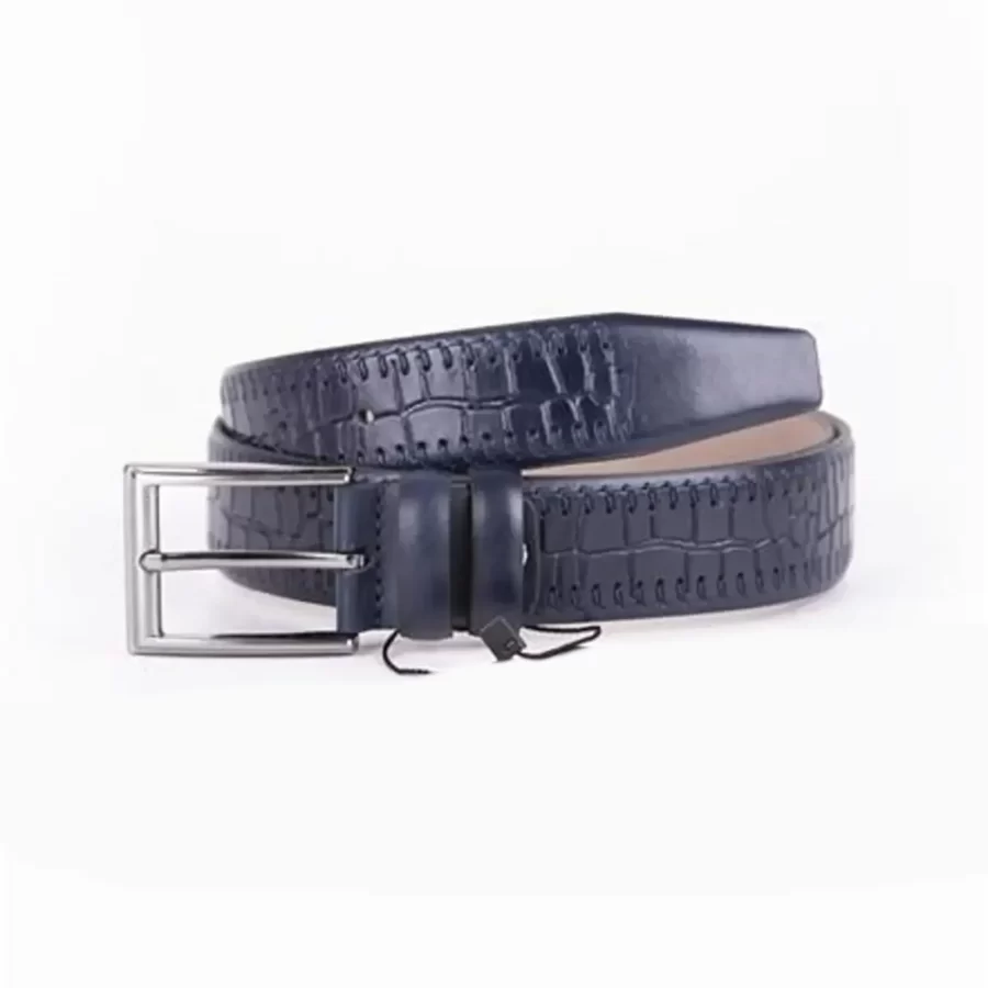 Dark Blue Mens Belt Dress Croco Embossed Leather ST01513 5
