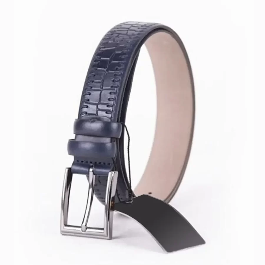 Dark Blue Mens Belt Dress Croco Embossed Leather ST01513 6
