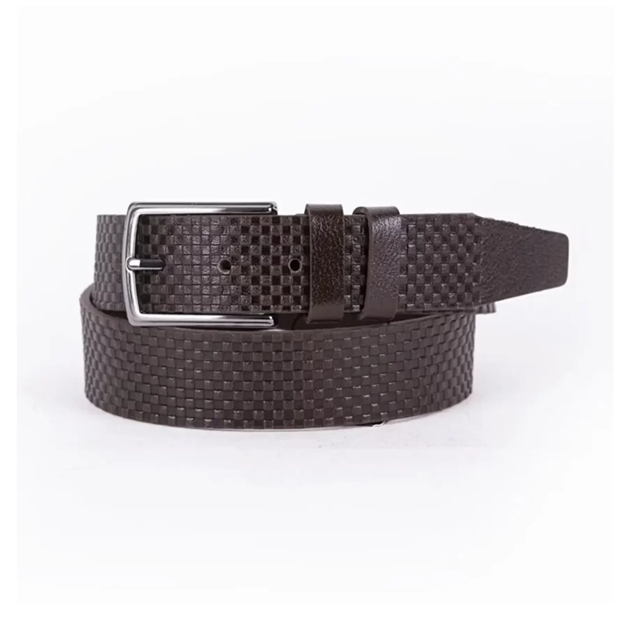 Dark Brown Mens Belt Dress Check Emboss Leather ST01085 2