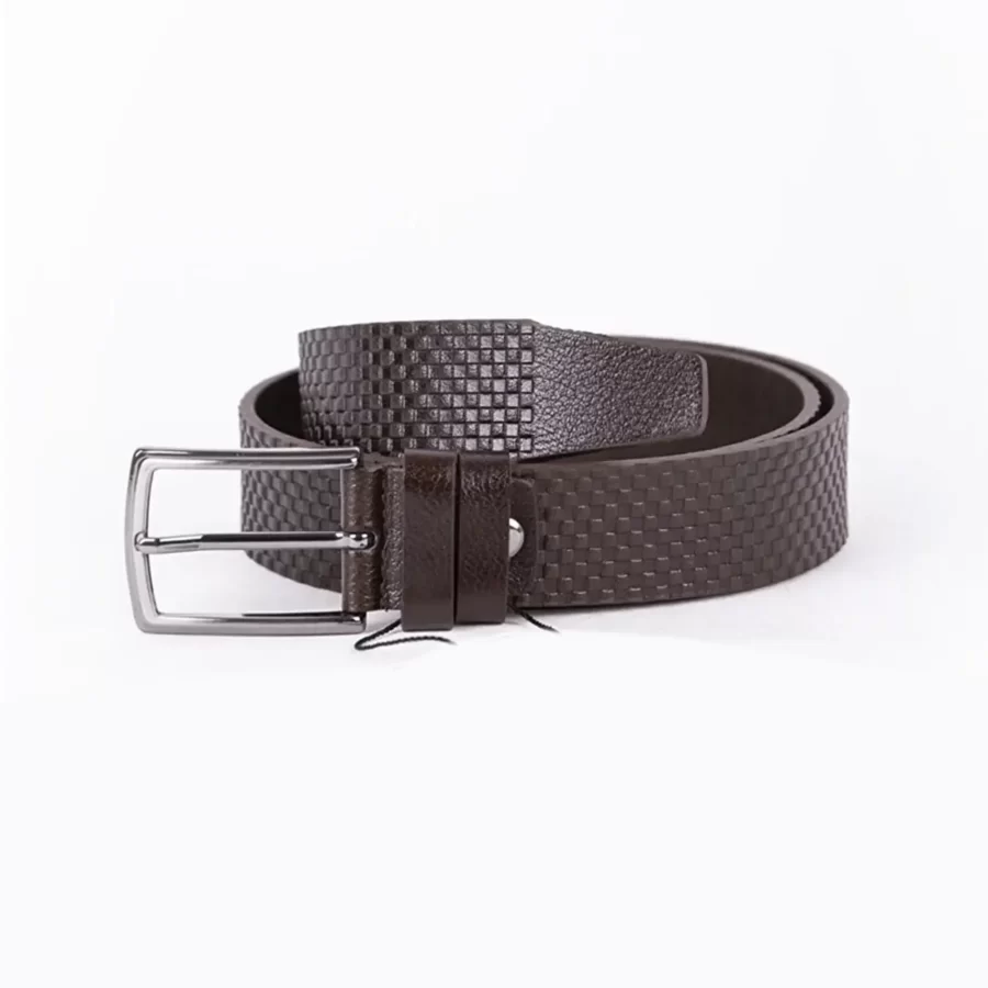 Dark Brown Mens Belt Dress Check Emboss Leather ST01085 3