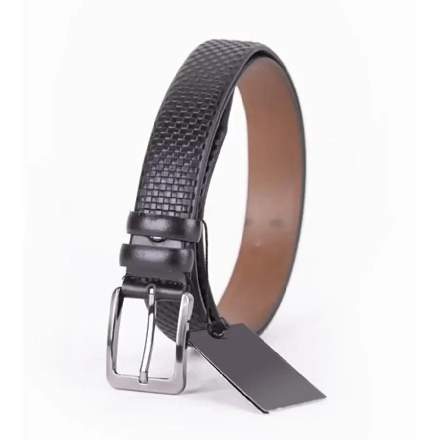 Dark Brown Mens Belt Dress Check Emboss Leather ST01453 3