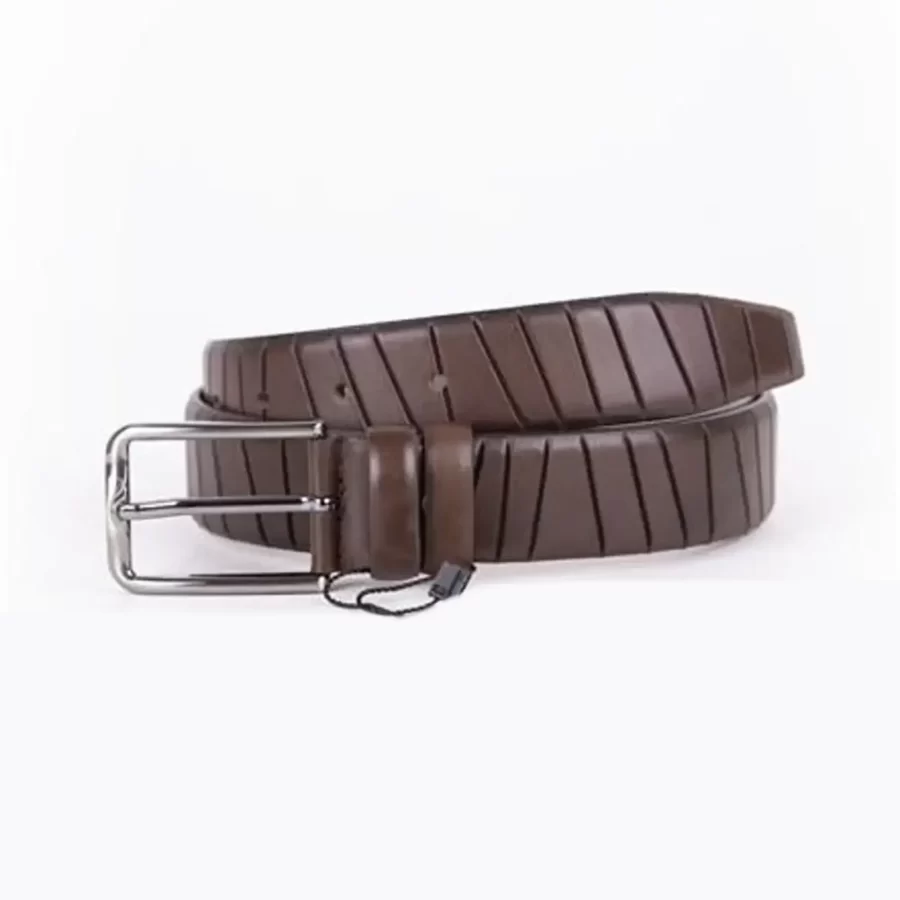 Dark Brown Mens Belt Dress Line Embossed Calfskin ST01458 17