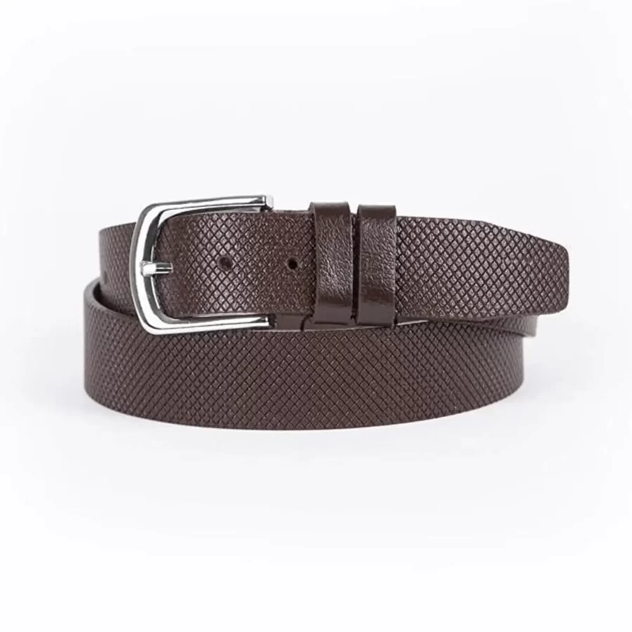 Dark Brown Mens Belt For Jeans Small Check Embossed Leather ST01346 10