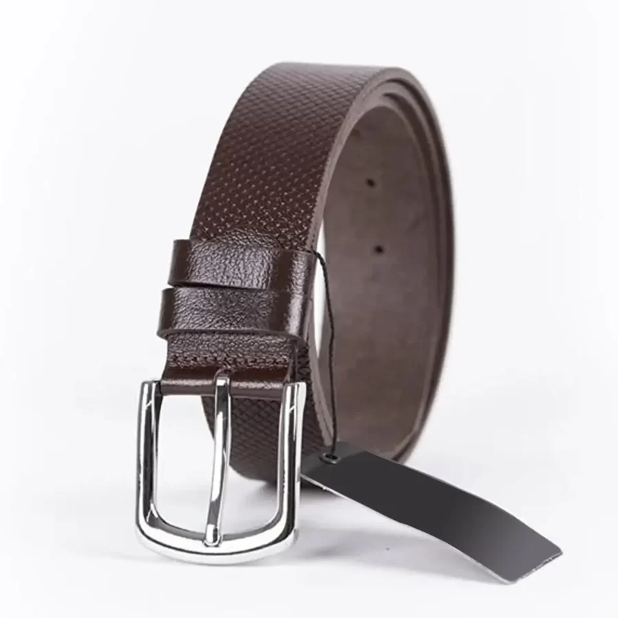 Dark Brown Mens Belt For Jeans Small Check Embossed Leather ST01346 12