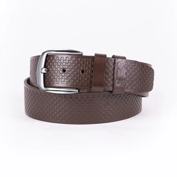 Dark Brown Mens Belt For Jeans Wide Check Emboss Leather ST01266 13