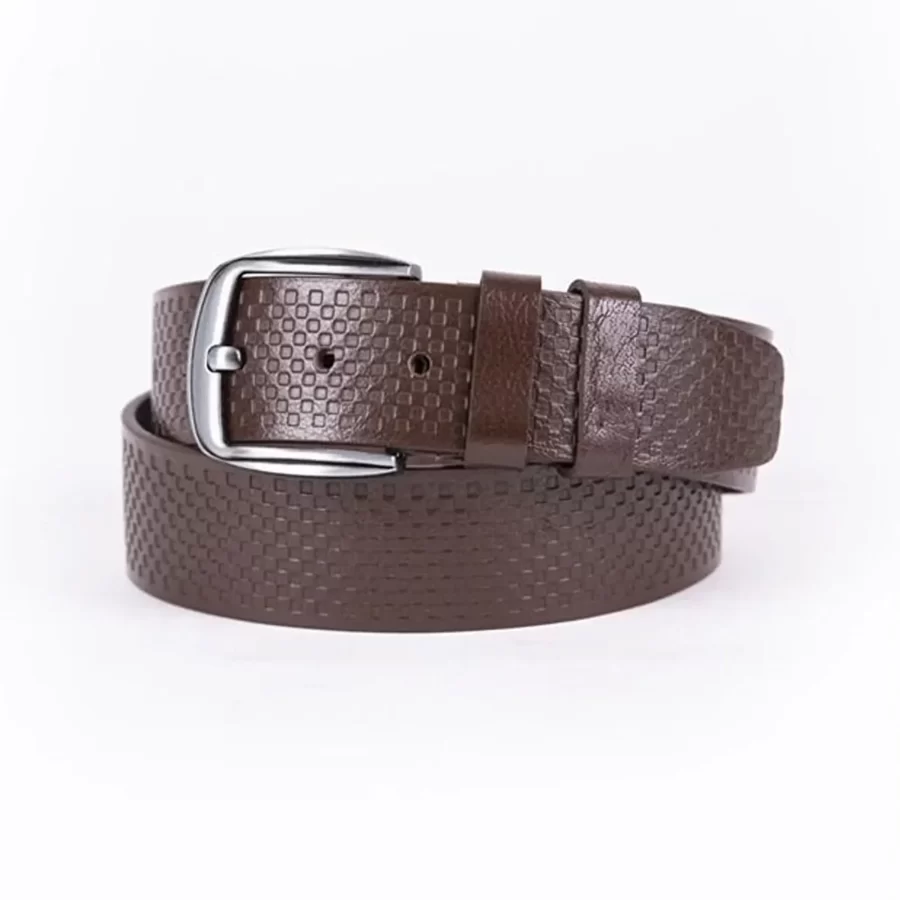 Dark Brown Mens Belt For Jeans Wide Check Emboss Leather ST01266 13
