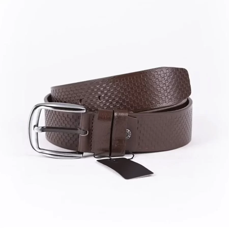 Dark Brown Mens Belt For Jeans Wide Check Emboss Leather ST01266 14