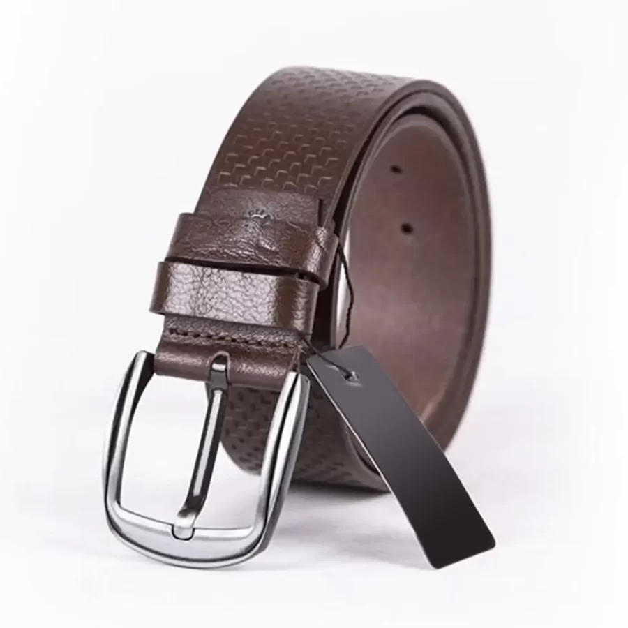 Dark Brown Mens Belt For Jeans Wide Check Emboss Leather ST01266 15