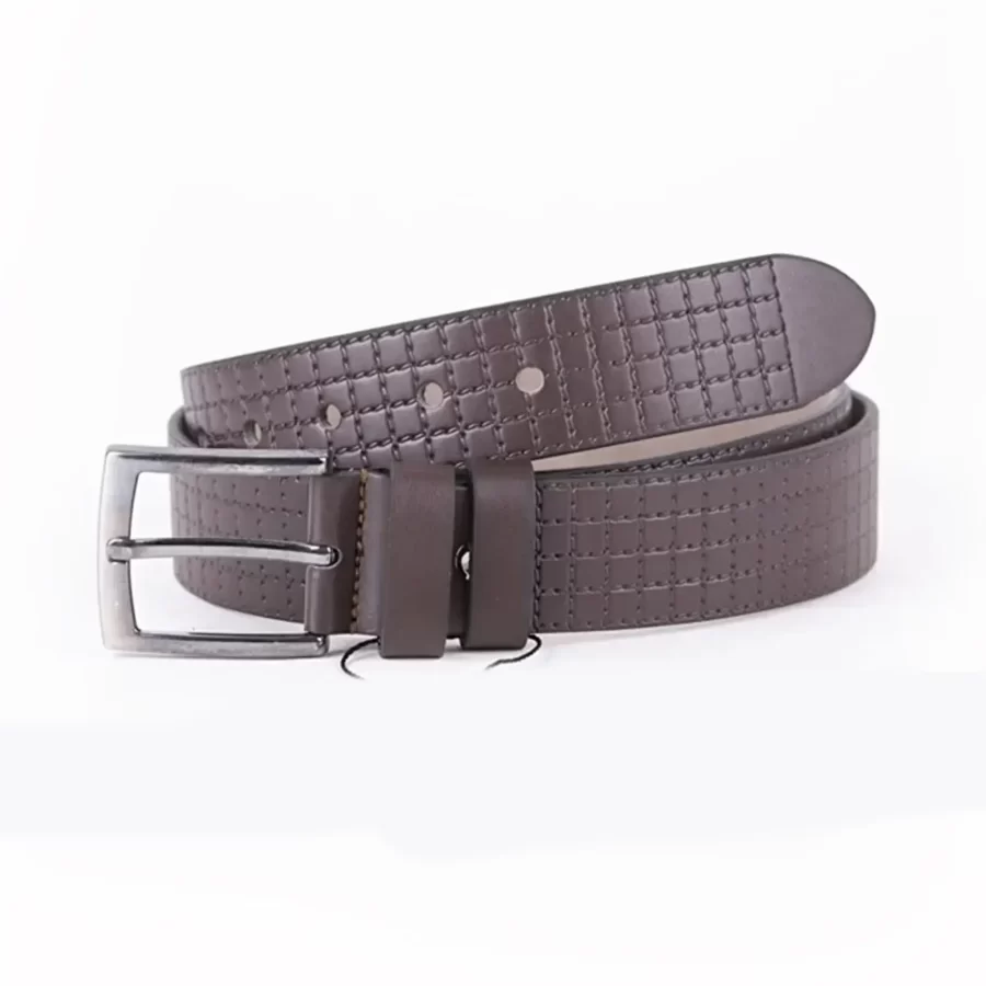 Dark Brown Mens Vegan Leather Belt Check Emboss For Jeans ST00915 2