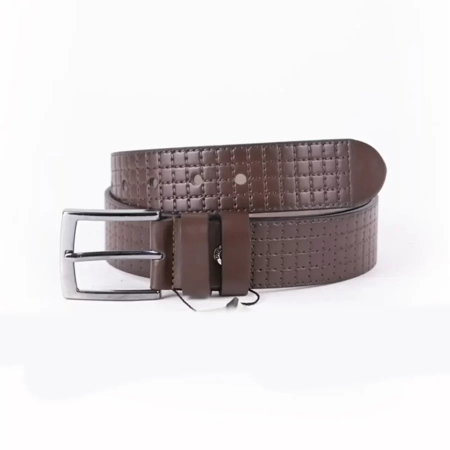 Dark Brown Mens Vegan Leather Belt Check Emboss For Jeans TYC00123289377 2