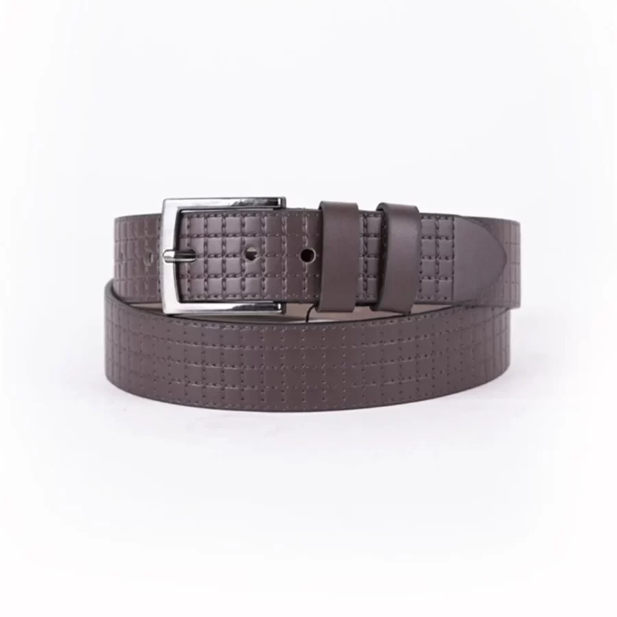 Dark Brown Mens Vegan Leather Belt Check Emboss For Jeans TYC00123290194 1