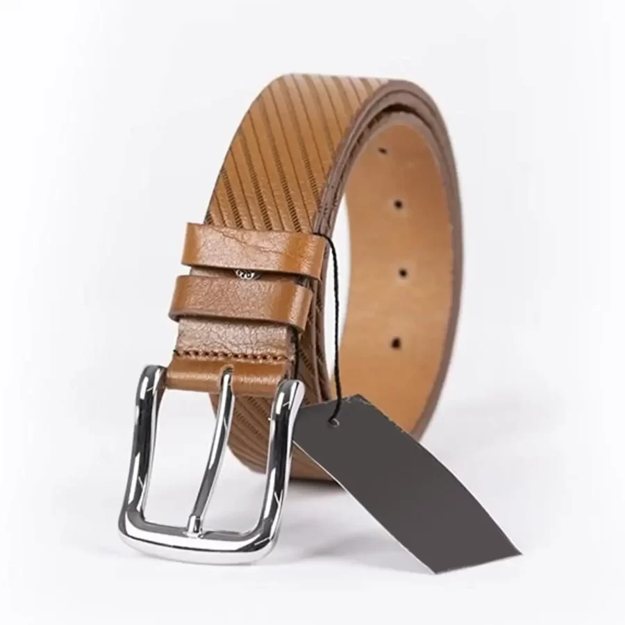 Light Brown Mens Belt Casual Line Textured Calfskin ST01388 3