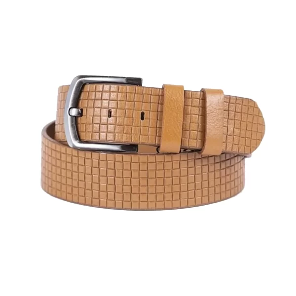 Light Brown Mens Belt Casual Wide Check Emboss Leather ST01298 4