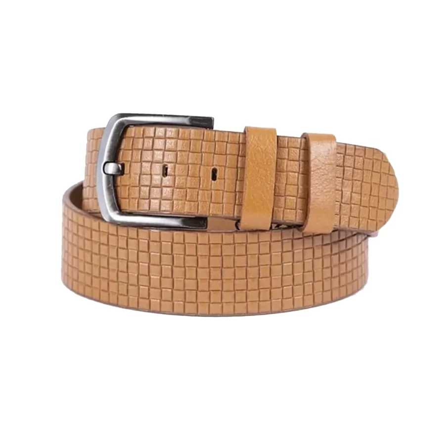 Light Brown Mens Belt Casual Wide Check Emboss Leather ST01298 4