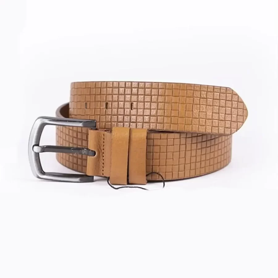 Light Brown Mens Belt Casual Wide Check Emboss Leather ST01298 5