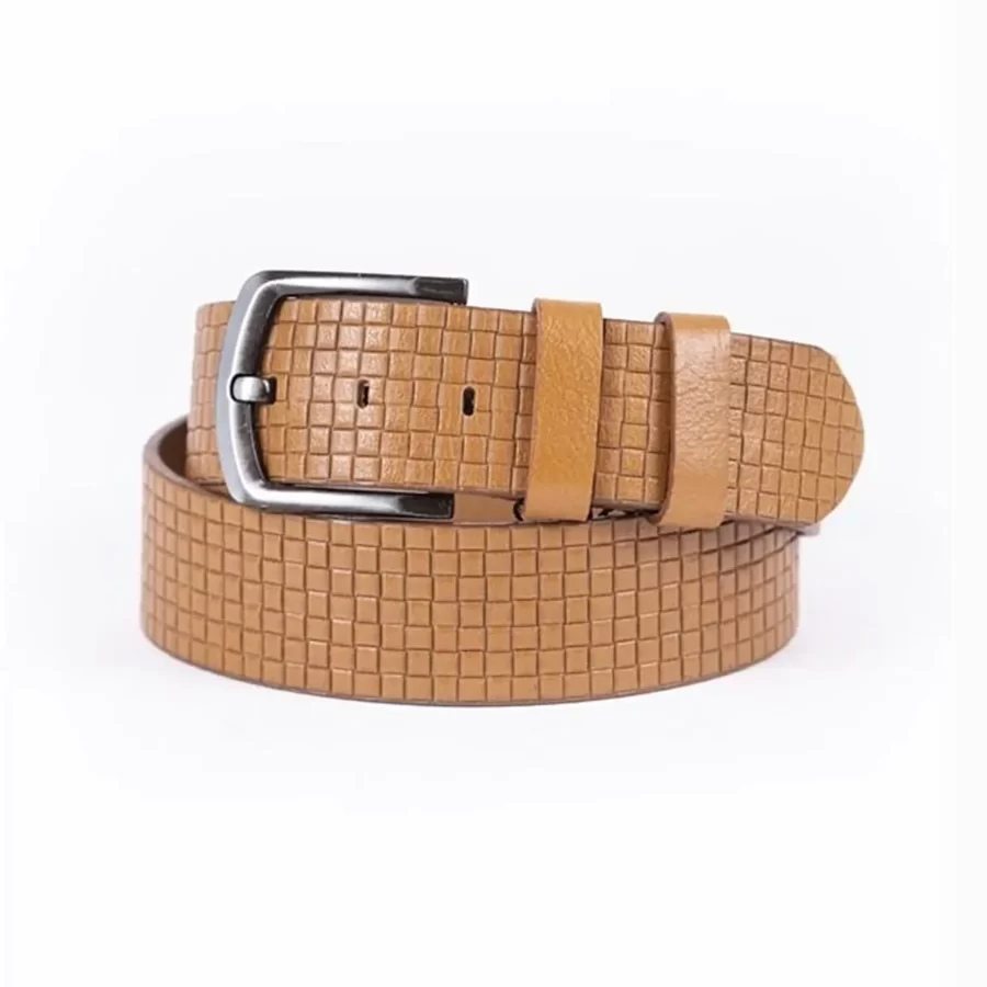 Light Brown Mens Belt Casual Wide Checkered Emboss Leather ST012982 1