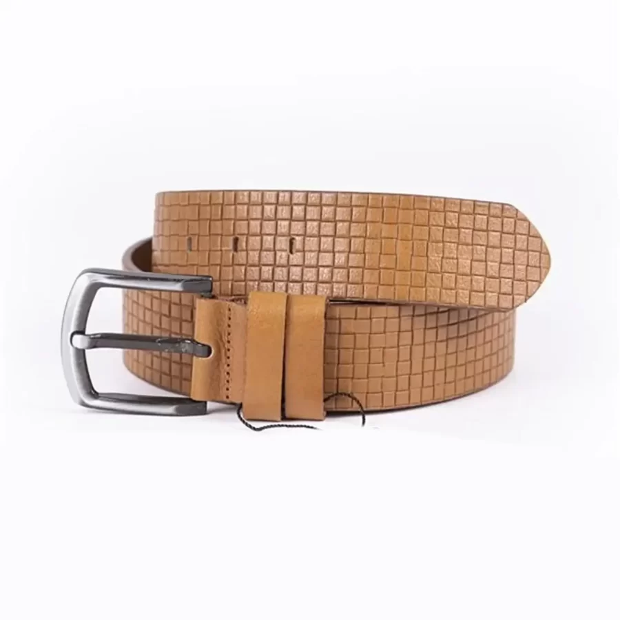 Light Brown Mens Belt Casual Wide Checkered Emboss Leather ST012982 2