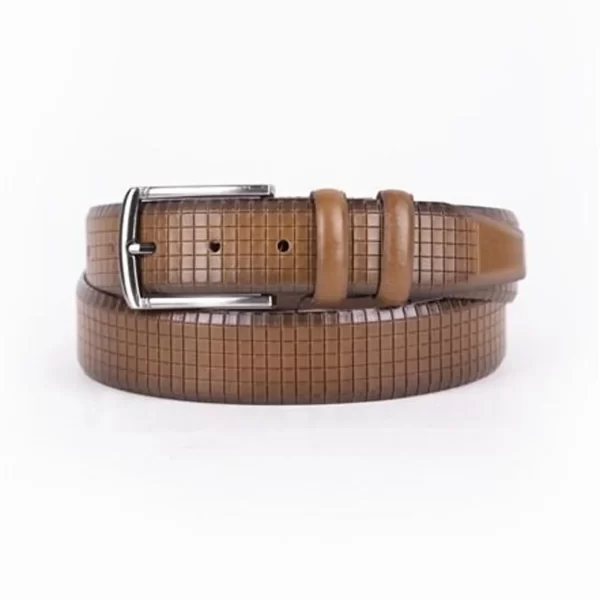 Light Brown Mens Belt Dress Check Embossed Calf Leather ST01433 1