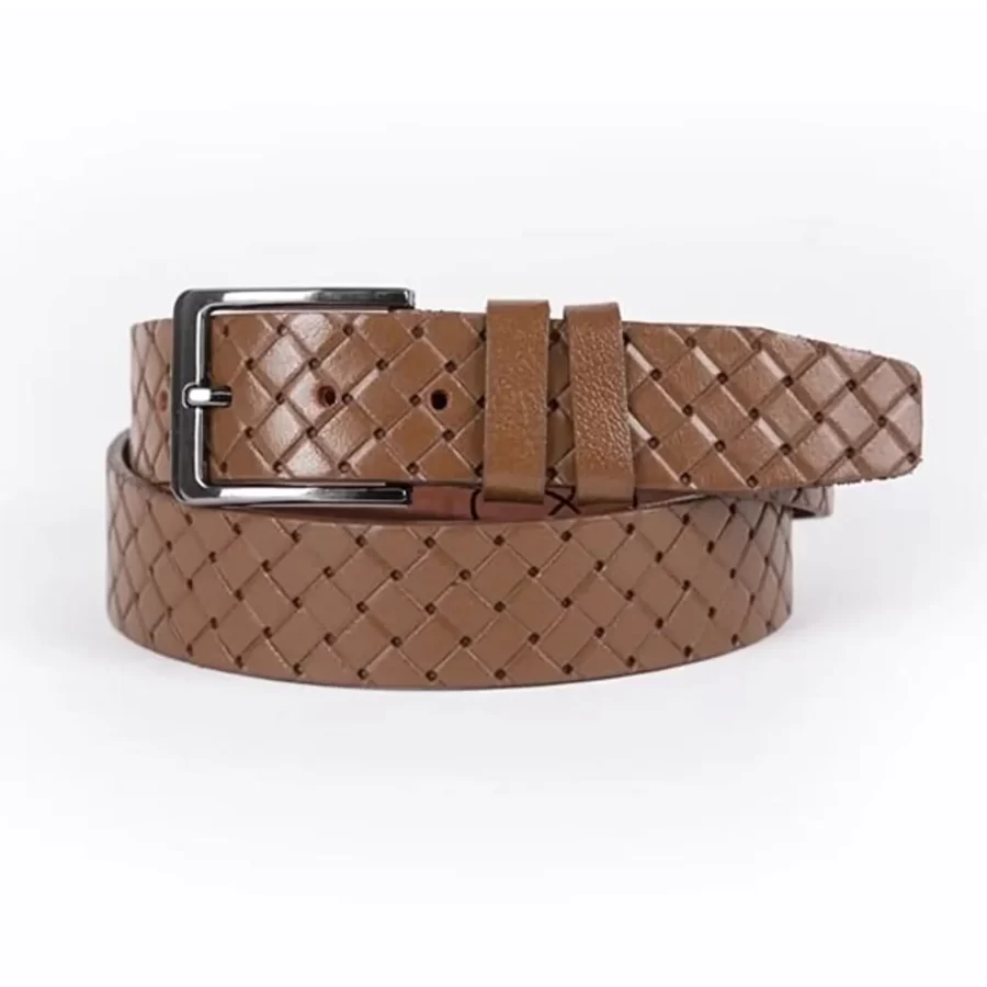 Light Brown Mens Belt Dress Checkered Emboss Leather Woven Emboss Leather ST00788 4