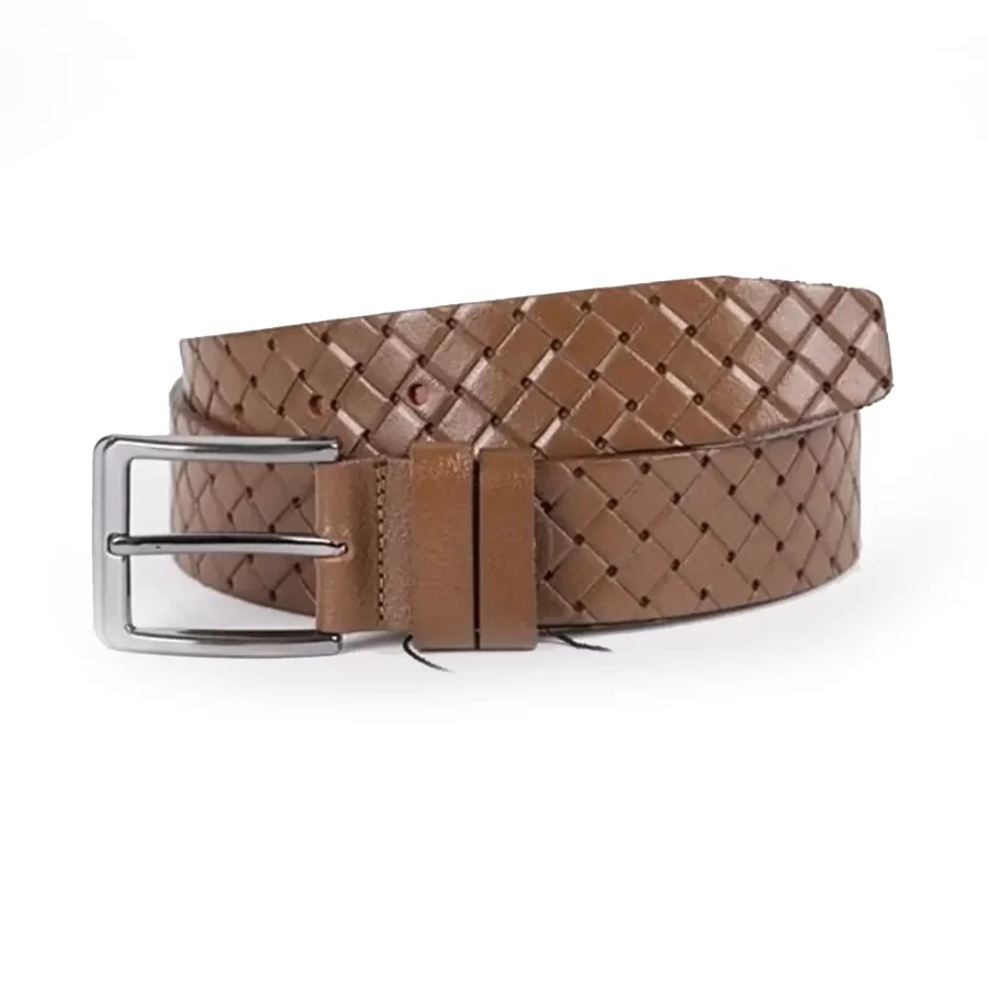 Light Brown Mens Belt Dress Checkered Emboss Leather Woven Emboss Leather ST00788 5