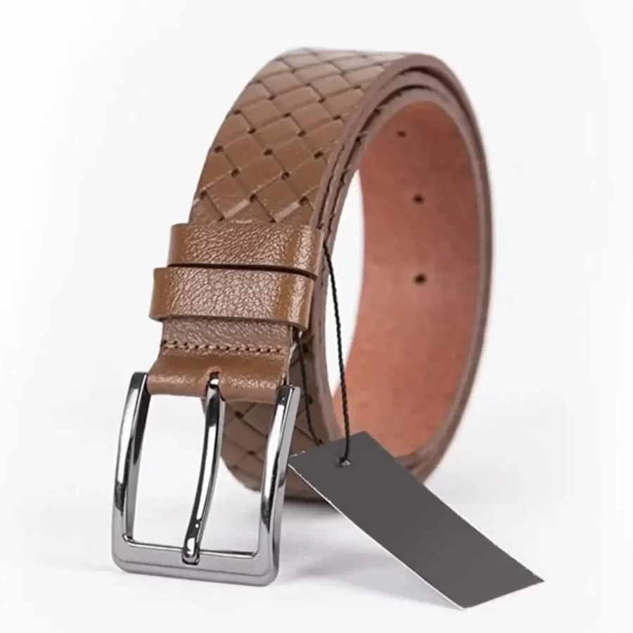 Light Brown Mens Belt Dress Checkered Emboss Leather Woven Emboss Leather ST00788 6