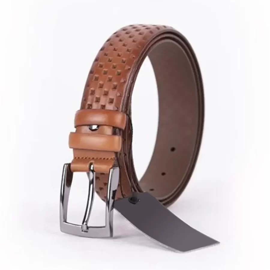 Light Brown Mens Belt Dress Laser Dotted Leather ST01487 6