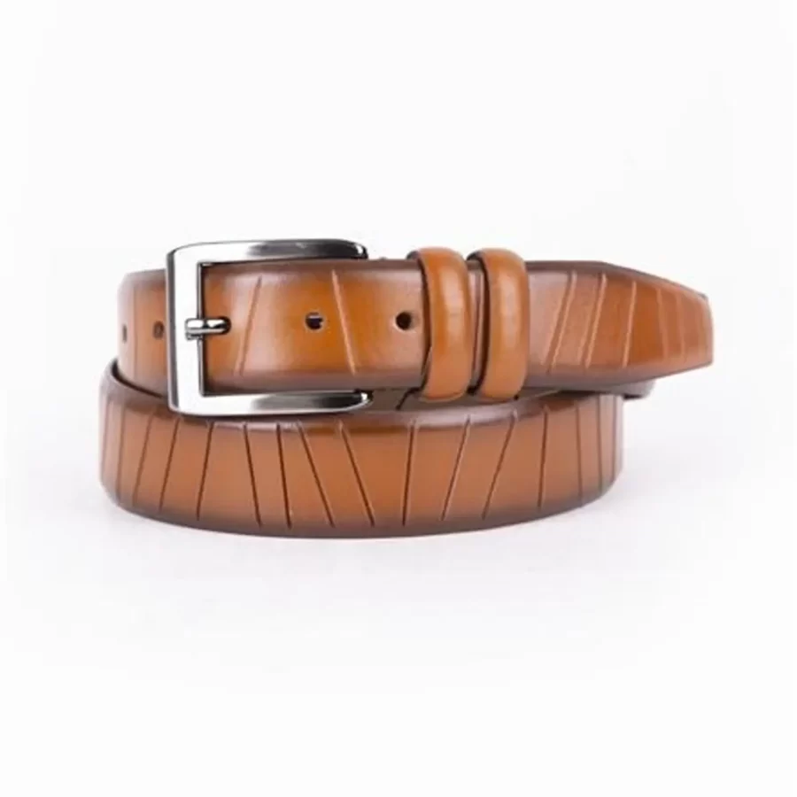 Light Brown Mens Belt Dress Line Embossed Calfskin ST01458 13