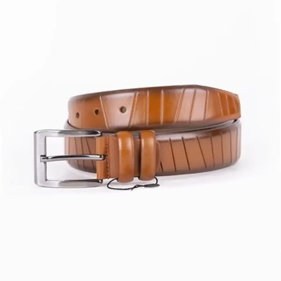 Light Brown Mens Belt Dress Line Embossed Calfskin ST01458 14