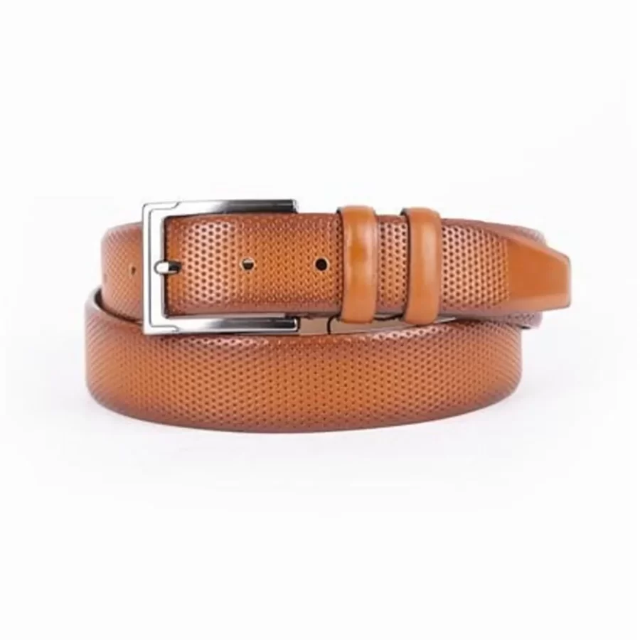 Light Brown Mens Belt Dress Perforated Leather ST01428 4