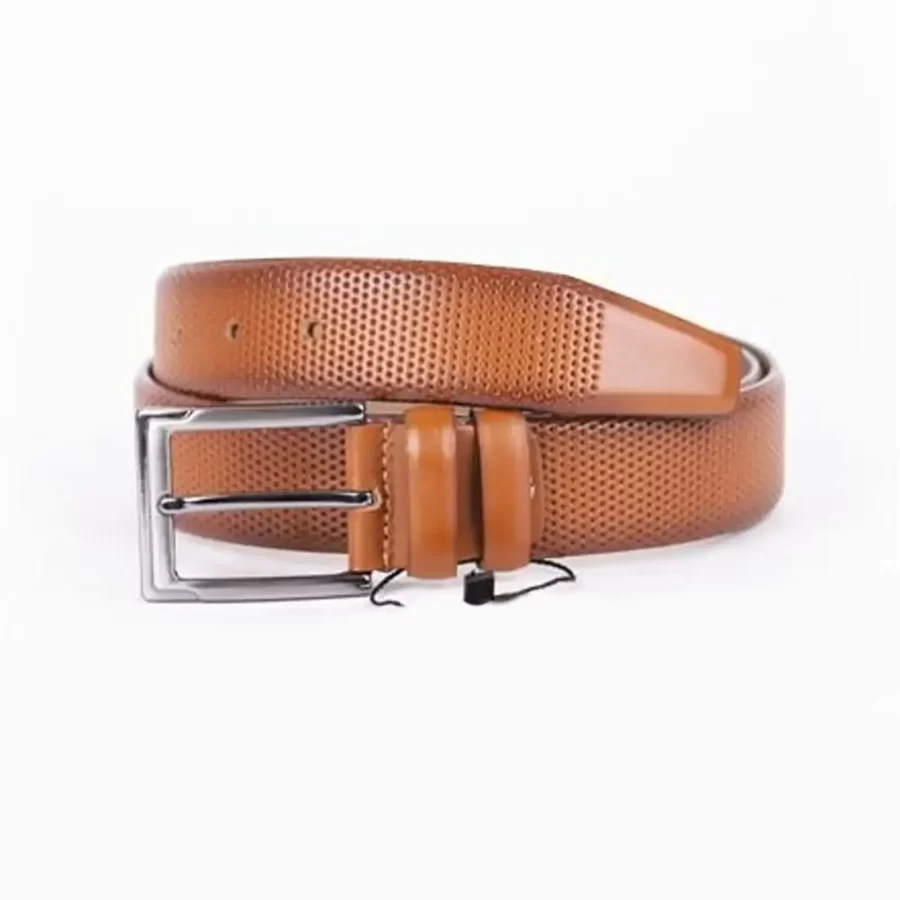 Light Brown Mens Belt Dress Perforated Leather ST01428 5