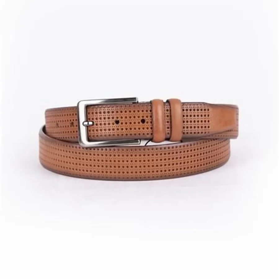 Light Brown Mens Belt Dress Perforated Leather ST01441 7
