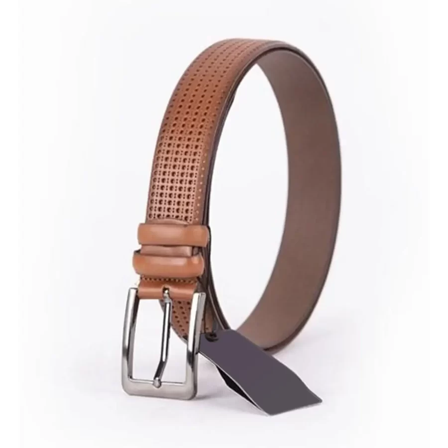 Light Brown Mens Belt Dress Perforated Leather ST01441 9