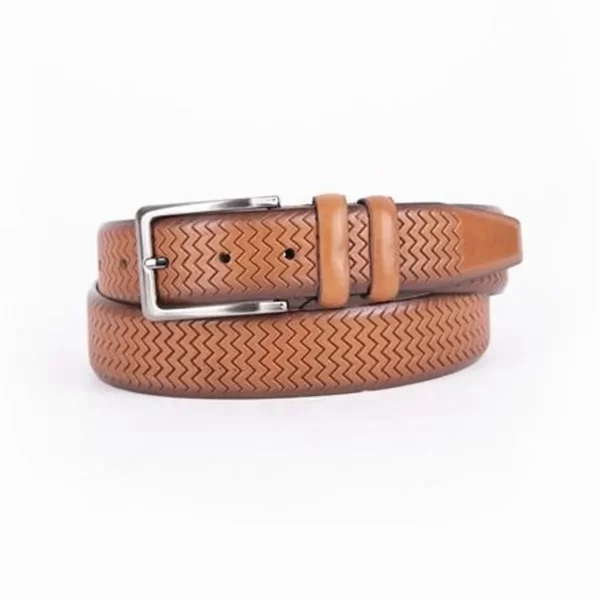 Light Brown Mens Belt Dress Weave Texture Leather ST01427 1