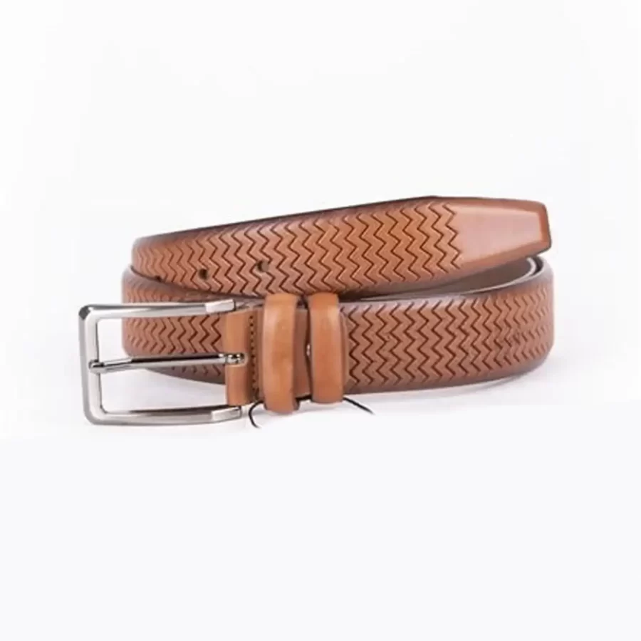 Light Brown Mens Belt Dress Weave Texture Leather ST01427 2