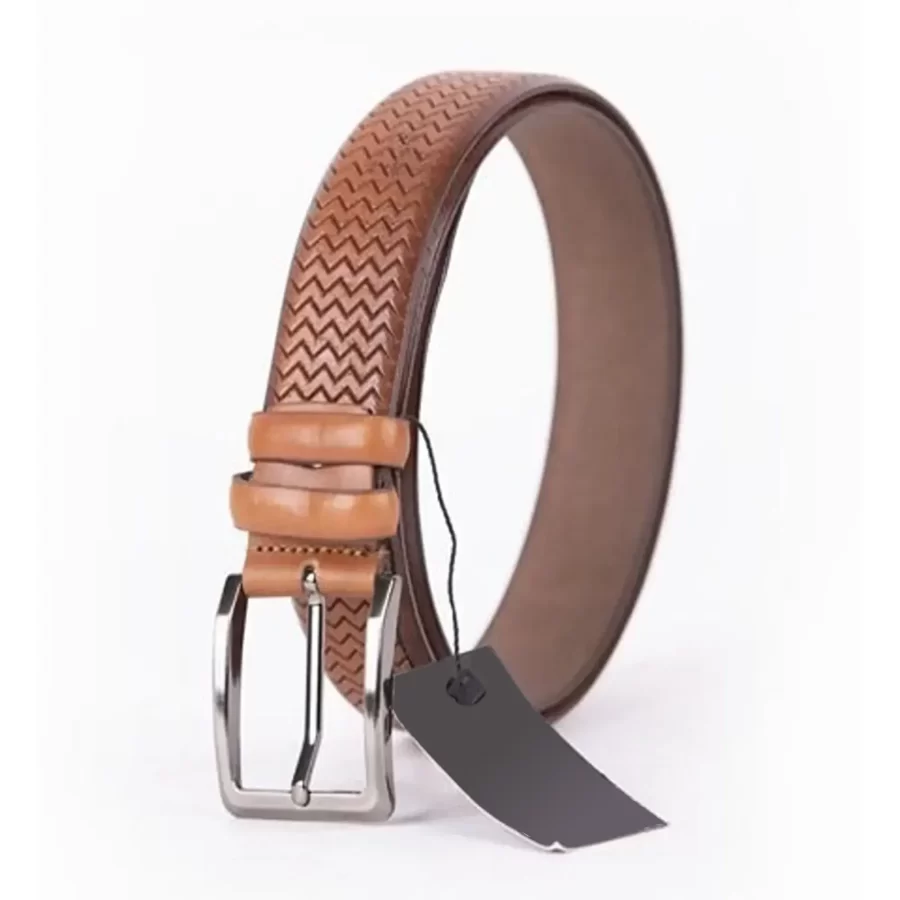 Light Brown Mens Belt Dress Weave Texture Leather ST01427 3