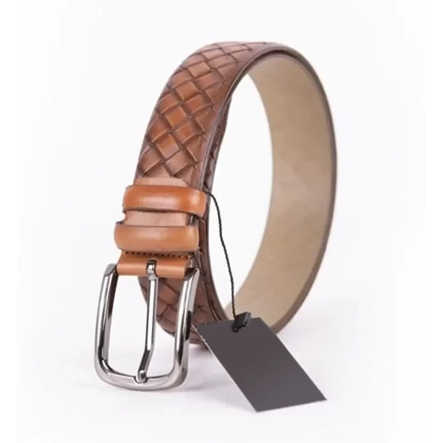 Light Brown Mens Belt Dress Woven Textured Emboss Calf Leather ST01435 6