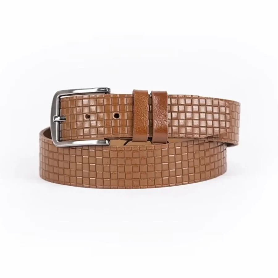 Light Brown Mens Belt For Jeans Check Emboss Leather ST01385 7