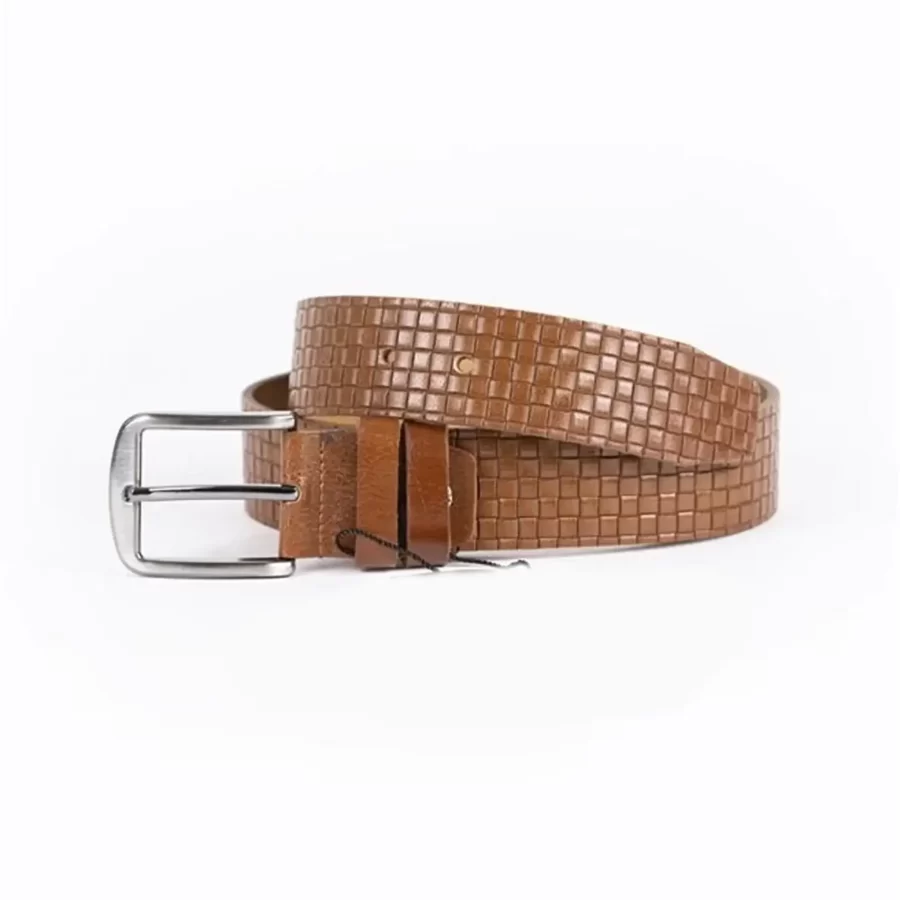 Light Brown Mens Belt For Jeans Check Emboss Leather ST01385 8