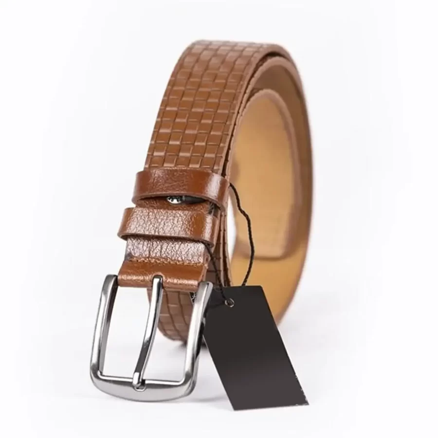 Light Brown Mens Belt For Jeans Check Emboss Leather ST01385 9