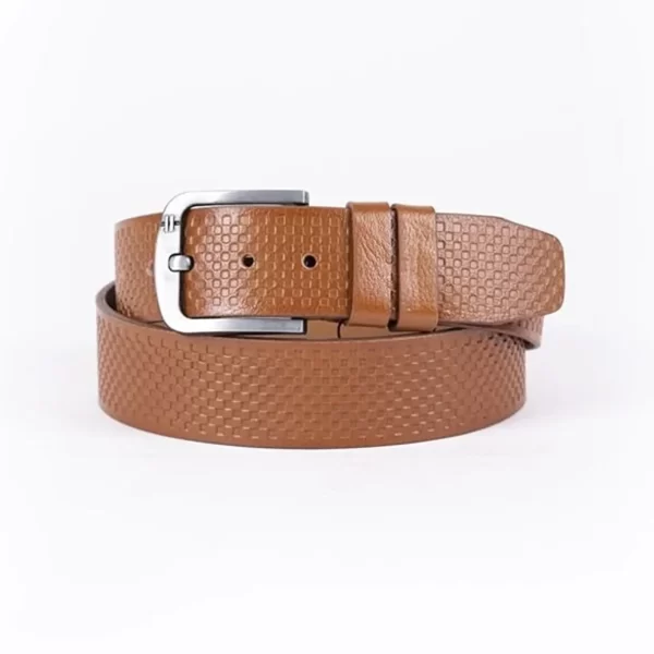 Light Brown Mens Belt For Jeans Wide Check Emboss Leather ST01266 7