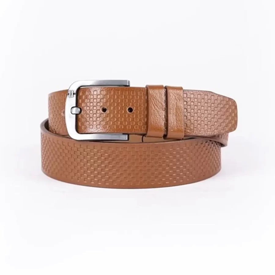 Light Brown Mens Belt For Jeans Wide Check Emboss Leather ST01266 7