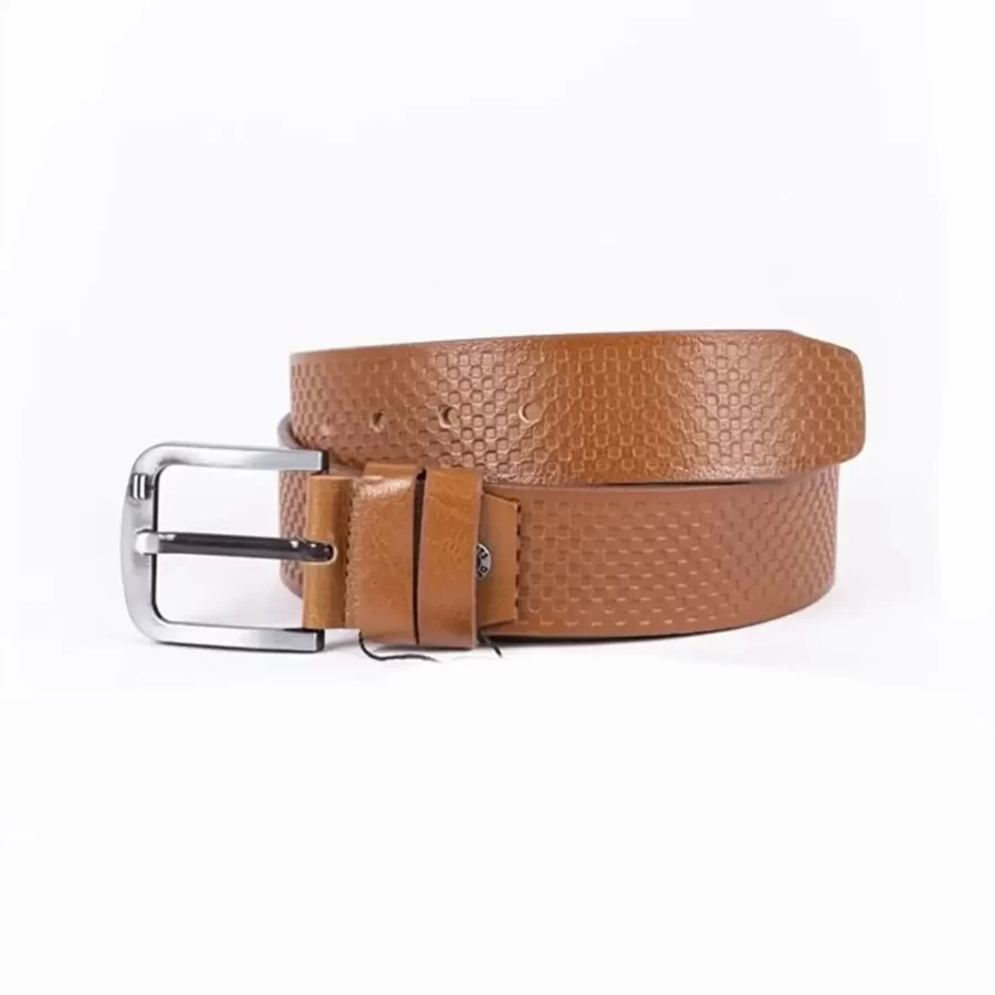 Light Brown Mens Belt For Jeans Wide Check Emboss Leather ST01266 8