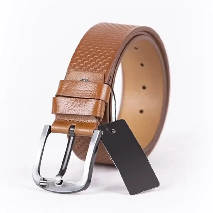 Light Brown Mens Belt For Jeans Wide Check Emboss Leather ST01266 9