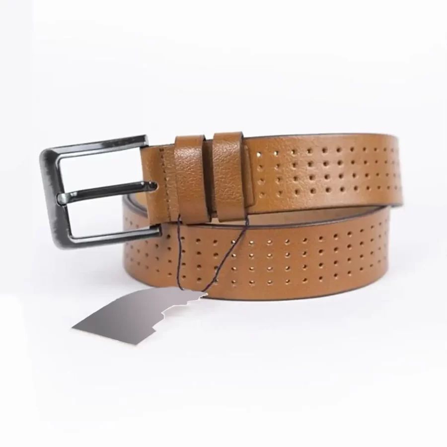 Light Brown Mens Belt For Jeans Wide Dotted Calf Leather ST00862 2